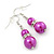 Fuchsia Simulated Pearl, Crystal Drop Earrings In Rhodium Plating - 40mm Length - view 2