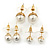 Set Of 3 White Simulated Glass Pearl Stud Earrings (10mm, 8mm, 6mm) In Gold Tone - view 6