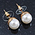 Set Of 3 White Simulated Glass Pearl Stud Earrings (10mm, 8mm, 6mm) In Gold Tone - view 9