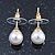 Set Of 3 White Simulated Glass Pearl Stud Earrings (10mm, 8mm, 6mm) In Gold Tone - view 2