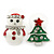 Green Christmas Tree & White Snowman Diamante Stud Earrings In Rhodium Plating - 20mm Width - view 13