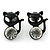 Teen's Black Crystal Kitty Stud Earrings In Silver Tone Metal - 12mm Length