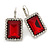 Ruby Red/ Clear CZ Square Drop Earrings With Leverback Closure In Rhodium Plating - 35mm L