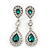 Bridal/ Wedding/ Prom Emerald Green/ Clear CZ Teardrop Earrings In Rhodium Plating - 50mm L