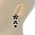 Delicate Black Crystal Flower & Butterfly Drop Earrings In Rhodium Plating - 35mm L - view 3