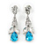 Clear/ Teal Blue CZ, Crystal Drop Sensation Earrings In Rhodium Plating - 37mm L