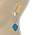Gold tone Textured Geometric Drop Earrings With Light Blue Faceted Glass Stone - 65mm L - view 6