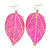 Deep Pink Enamel Etched Leaf Drop Earrings In Gold Tone - 75mm L