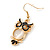 Gold Tone Black Enamel, Cat's Eye Stone Owl Drop Earrings - 45mm L - view 3