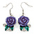 Purple Acrylic Rose with Crystal, Green Enamel Leaves Drop Earrings In Silver Tone - 40mm L