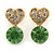 Small Clear/ Light Green Crystal Heart Stud Earrings In Gold Plating - 18mm L