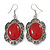 Victorian Style Red Resin Stone Oval Drop Earrings In Burnt Silver Tone - 50mm L