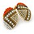 Boho Style Orange/ Cream/ White Beaded Oval Stud Earrings In Gold Tone - 25mm L