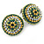 Boho Style Green/ Yellow/ White Beaded Dome Stud Earrings In Silver Tone - 22mm