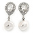 Bridal Wedding Prom Glass Pearl, Crystal Teardrop Earrings In Rhodium Plating - 30mm L