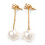 Gold Tone Clear Crystal  Front and Chain With 13mm Cream Pearl Drop  Earrings - 60mm L - view 5