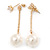Gold Tone Clear Crystal  Front and Chain With 13mm Cream Pearl Drop  Earrings - 60mm L - view 2