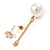 Gold Tone Clear Crystal  Front and Chain With 13mm Cream Pearl Drop  Earrings - 60mm L - view 3