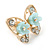 Gold Plated, Crystal with Light Blue Flowers Stud Butterfly Earrings - 20mm W - view 2