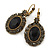 Vintage Inspired Oval Black/ Grey Crystal Drop Earrings with Leverback Closure In Antique Gold Tone - 42mm L