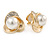 Gold Plated, Crystal, Faux Glass Pearl 3 Petal Flower Clip On Earrings - 20mm