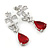Delicate Clear/ Ruby Red Cz Teardrop Earrings In Rhodium Plated Alloy - 35mm L