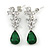 Delicate Clear/ Emerald Green Cz Teardrop Earrings In Rhodium Plated Alloy - 35mm L