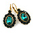 Vintage Inspired Oval Emerald Green Crystal Drop Earrings with Leverback Closure In Antique Gold Tone - 40mm L - view 2
