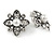 Vintage Inspired Clear Crystal Faux Pearl Floral Clip On Earrings In Aged Silver Tone - 27mm Tall - view 2