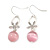 Romantic Clear Crystal Flower with Pink Glass Ball Bead Drop Earrings In Silver Tone - 45mm Long
