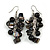 Black Glass Bead, Shell Nugget Cluster Dangle/ Drop Earrings In Silver Tone - 60mm Long