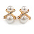 Statement Double Faux Pearl Crystal Clip On Earrings In Gold Tone - 25mm Tall - view 2