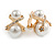 Statement Double Faux Pearl Crystal Clip On Earrings In Gold Tone - 25mm Tall