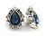 Vintage Inspired Teardrop Midnight Blue Glass, Clear Crystal, Pearl Clip On Earrings In Aged Silver Tone - 25mm Tall - view 2