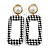 Black/ White Fabric Covered Gingham Checked Drop/ Hoop Earrings In Gold Tone - 75mm Long