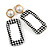 Black/ White Fabric Covered Gingham Checked Drop/ Hoop Earrings In Gold Tone - 75mm Long - view 4