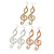 3 Pairs of Musical Note/ Treble Clef Drop Earrings In Silver/ Gold / Rose Gold Tone - 8cm L