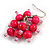 Deep Pink Wooden Bead Cluster Drop Earrings in Silver Tone - 55mm Long - view 5