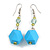 Long Sky Blue Faceted Acrylic/ Lime Green Glass Bead Drop Earrings with Silver Tone Closure - 60mm Long