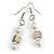 White Glass and Antique White Shell Bead Drop Earrings with Silver Tone Closure - 6cm Long