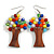 Multicoloured Glass Bead Brown Wood Tree Drop Earrings - 70mm Long