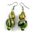 Green/ Black/ Golden Colour Fusion Wood Bead Drop Earrings with Silver Tone Closure - 55mm Long - view 2