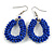 Royal Blue Glass Bead Loop Drop Earrings In Silver Tone - 60mm Long