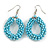 Bright Blue Glass Bead Loop Drop Earrings In Silver Tone - 60mm Long