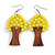 Lemon Yellow Glass Bead Brown Wood Tree Drop Earrings - 70mm Long