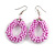 Pink Glass Bead Loop Drop Earrings In Silver Tone - 60mm Long