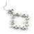 Square White Faux Pearl Bead, Clear CZ Bow Drop Earrings In Silver Tone Metal - 60mm Long - view 4