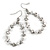 Oval White Glass Pearl Bead, Clear CZ Hoop Drop Earrings In Silver Tone Metal - 55mm Long - view 3