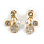 Gold Tone Clear Crystal White Faux Pearl Front Back Stud Earrings - 25mm Drop