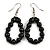 Black Wood and Glass Bead Oval Drop Earrings In Silver Tone - 55mm Long